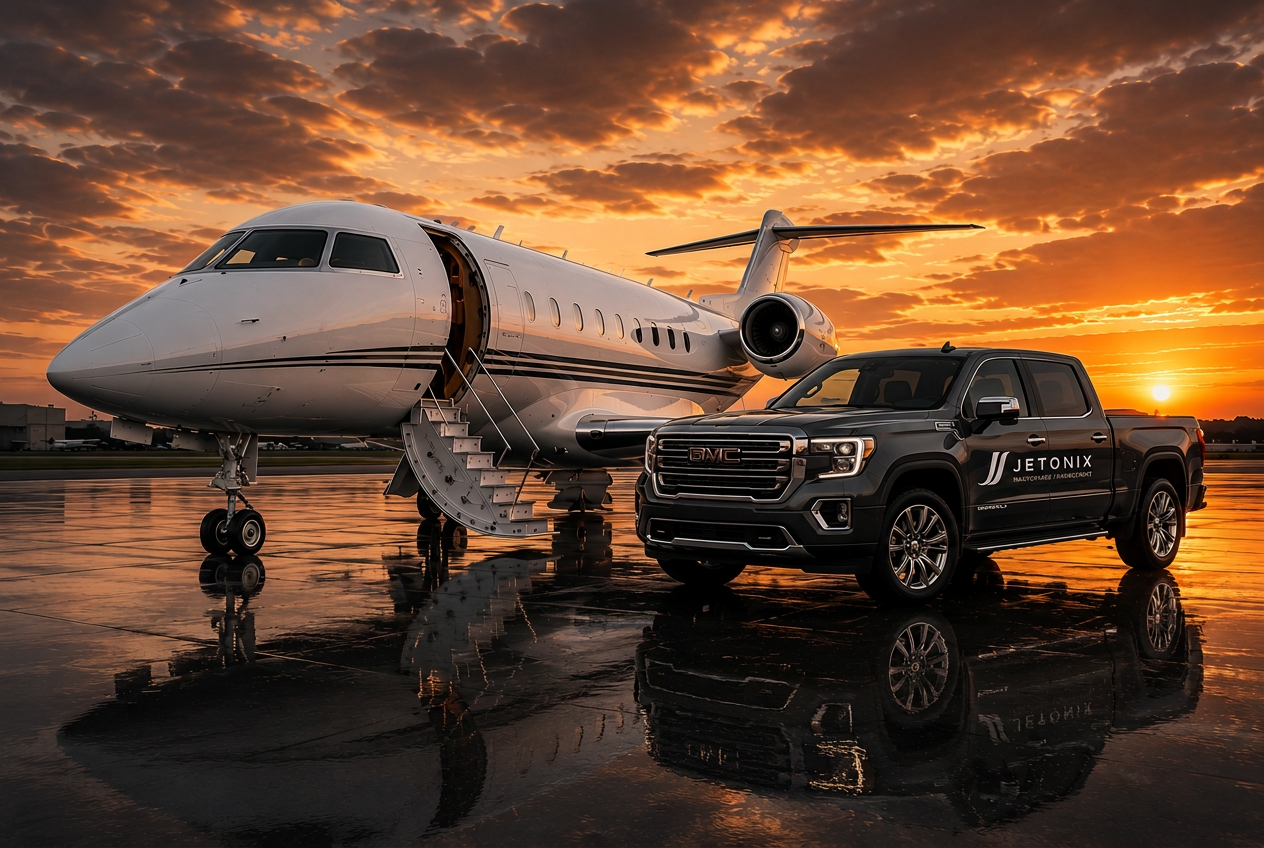 Jetonix Challenger 3500 and GMC Denali service truck on the ramp at sunset
